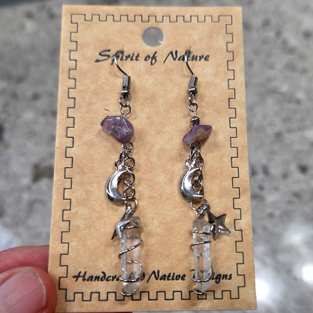 NEW Spirit of‎ Nature Silver Tone Purple Moon Stars Earrings Crystal Boho Dangle